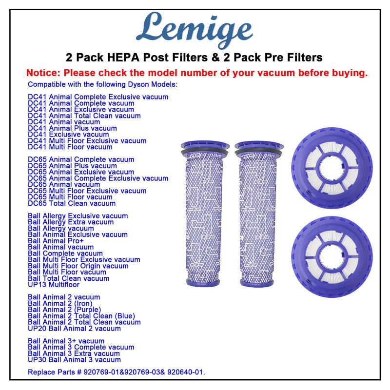 Lemige 2 Pack Post Filters & 2 Pack Pre Filters Replacement for Dyson DC41 DC65 DC66 UP13 UP20 UP30 Animal, Multi Floor and Ball Vacuum Ball Animal 2 Ball Animal 3, Compare to Part 920769-01&920640-01 - Image 5